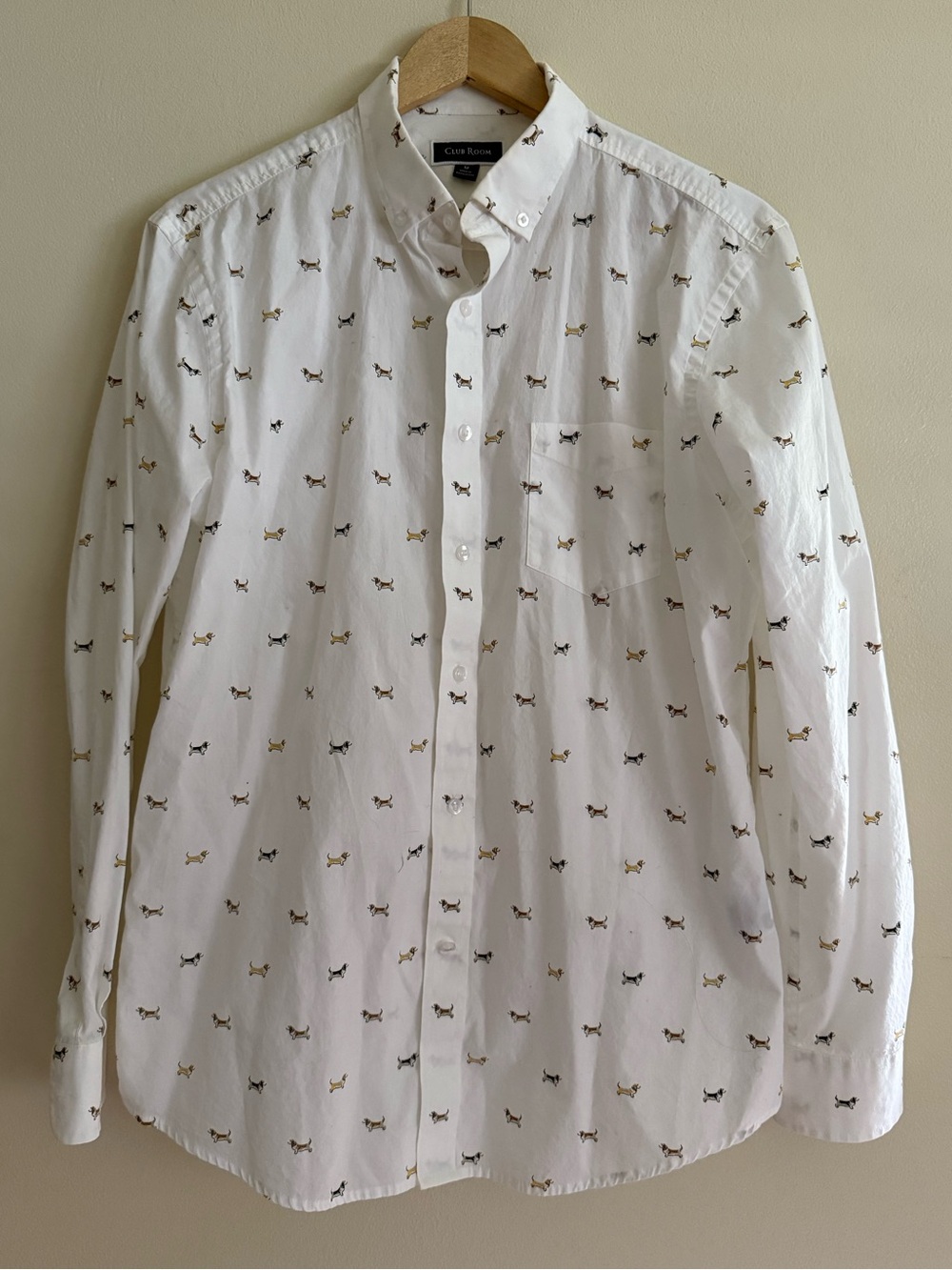 Club Room | Mens White Long Sleeve Button Down Shirt Micro Dog Pattern | Size M